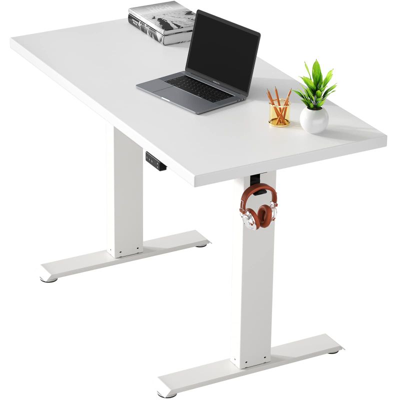 Photo 1 of TEMPSPACE 48 x 24 inches Electric Standing Desk, Up to 47.2" H Height Adjustable Desk, Memory Preset Stand Up Table with Whole-Piece Board Computer Workstation Sit Stand Desk for Home Office Work, WHITE FRAME, WHITE TOP
