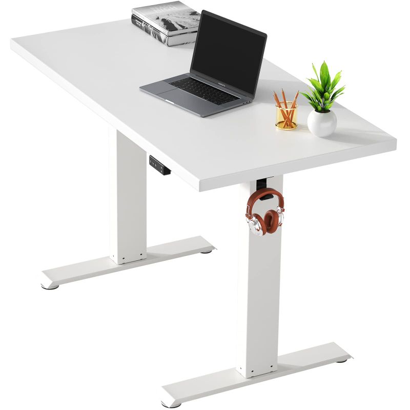 Photo 1 of TEMPSPACE 48 x 24 inches Electric Standing Desk, Up to 47.2" H Height Adjustable Desk, Memory Preset Stand Up Table with Whole-Piece Board Computer Workstation Sit Stand Desk for Home Office Work, WHITE FRAME, WHITE TOP