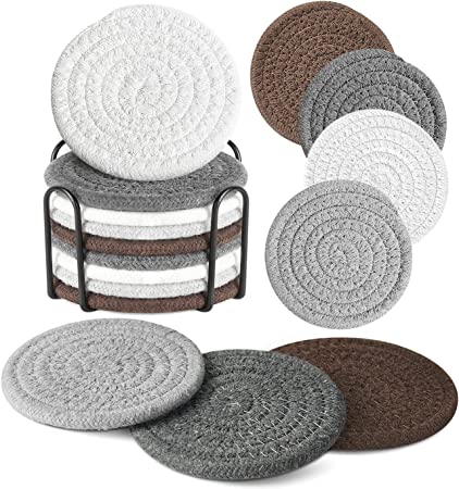 Photo 1 of 16-Piece Handmade Vintage Woven Coasters Set by Teivio, Water Absorbent Braided Fabric Coaster Set with Two Holders, Heat-Resistant, Suitable for Wooden Table (Multicolor)