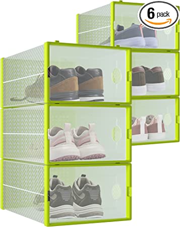 Photo 1 of 6-Pack Shoe Storage Boxes, Shoes Organizer for Closet, Clear Plastic Stackable Shoe Containers in 7 Sizes/Colors, Clear Shoe Boxes Stackable & Foldable for Sneaker Storage, Fits Shoes up to Size 10