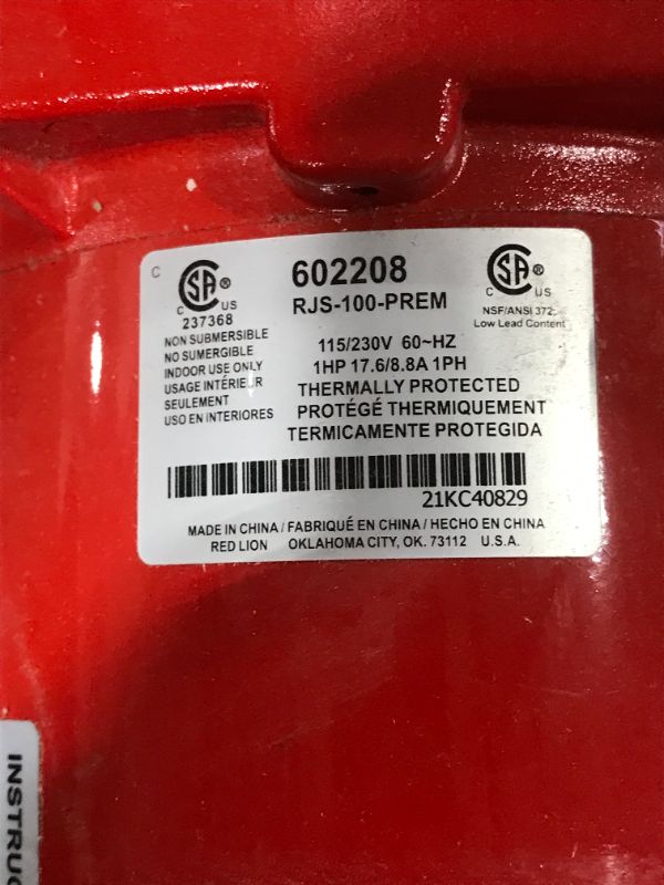 Photo 3 of SOLD FOR PARTS ONLY--Red Lion RJS-100-PREM 1 HP, 23 GPM, 115/230 Volt, Premium Cast Iron Shallow Well Jet Pump, Red, 602208 1-HP 23-GPM Pump