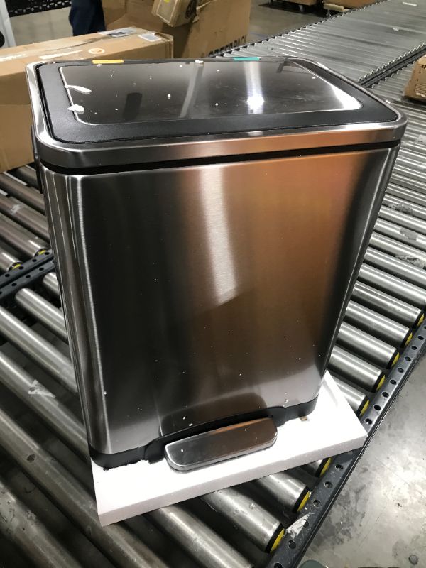 Photo 1 of Amazon Basics 30L Dual Bin Soft-Close Trash can with Foot Pedal - 2 x 15 Liter Bins, Stainless Steel
