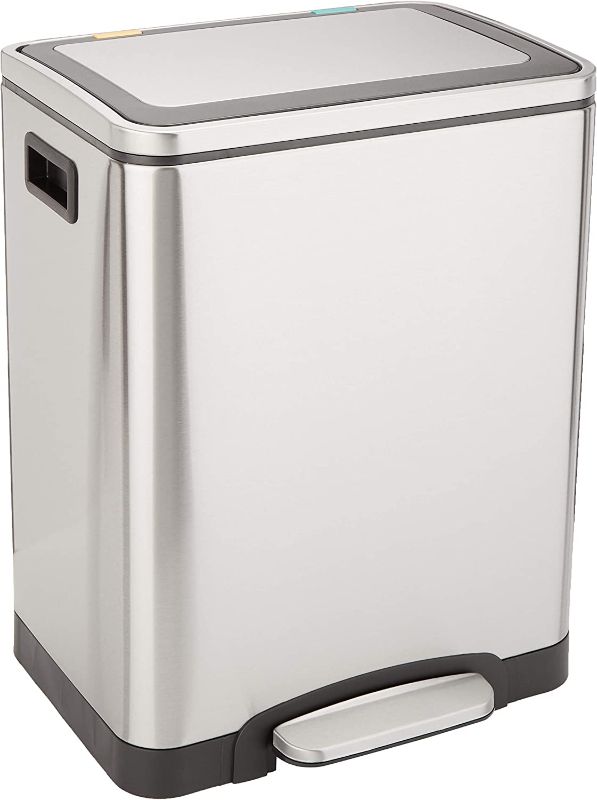 Photo 1 of Amazon Basics 30L Dual Bin Soft-Close Trash can with Foot Pedal - 2 x 15 Liter Bins, Stainless Steel
