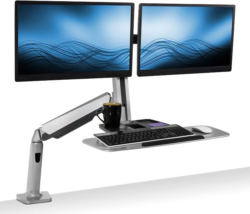 Photo 1 of Mount-It! Stand Up Workstation with Dual Monitor Mount - Standing Desk Converter with Height Adjustable Keyboard & Counterbalance Monitor Arm
