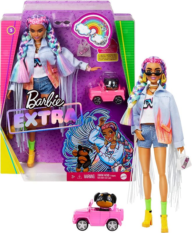 Photo 1 of Barbie Extra Doll #5 in Long-Fringe Denim Jacket with Pet Puppy, Rainbow Braids, Layered Outfit & Accessories Including Car for Pet, Multiple Flexible Joints, Gift for Kids 3 Years Old & Up, 12 inch
