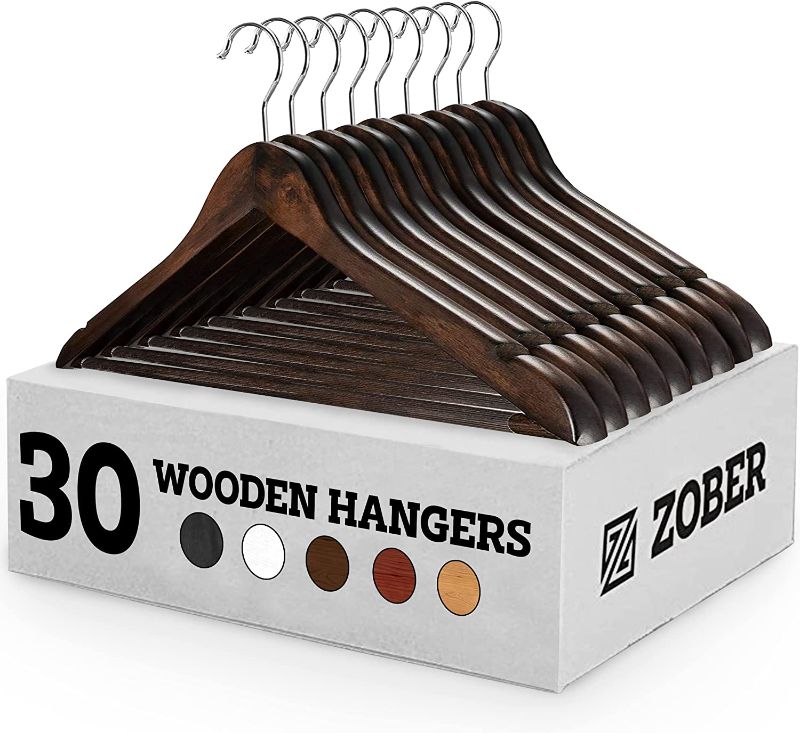Photo 1 of  Wooden Hangers 30 Pack - Non Slip Wood Clothes Hanger for Suits, Pants, Jackets w/ Bar & Cut Notches Heavy Duty