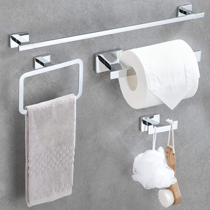 Photo 1 of  Bathroom Hardware Accessories Set,Chrome Stainless Steel Towel Bar Sets Wall Mounted - Includes 16" Towel Bar, Square Towel Ring, Toilet Paper Holder, Robe Towel Hook 4 Piece Set