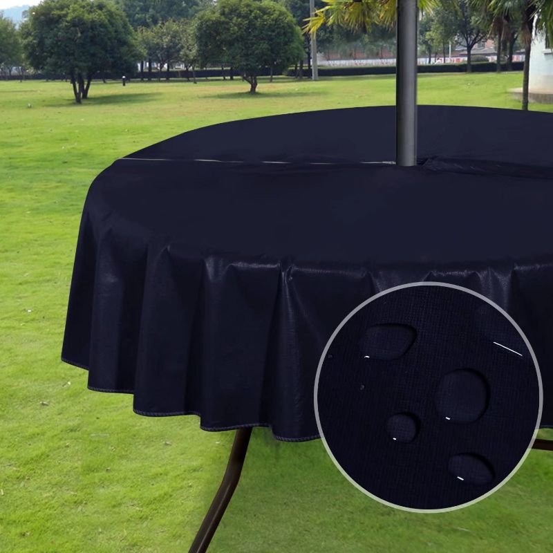 Photo 1 of 100% Waterproof PVC Outdoor/Indoor Table Cloth with Umbrella Hole and Zipper- Navy, 70 inch Round Vinyl Tablecloth- Oil/Spill-Proof Table Cover for Patio/BBQ/Parties/Summer