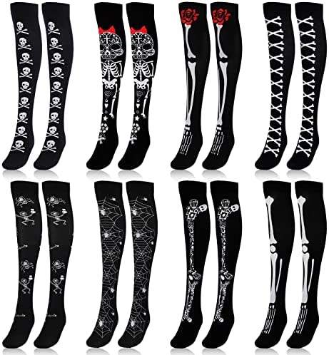 Photo 1 of 8 Pairs Halloween Thigh High Long Stockings Over Knee Spider Bone Socks Black Cosplay Bat Festival Stockings Soft Halloween Stockings for Halloween Party, Friends, Sister, Mom, Coworker
