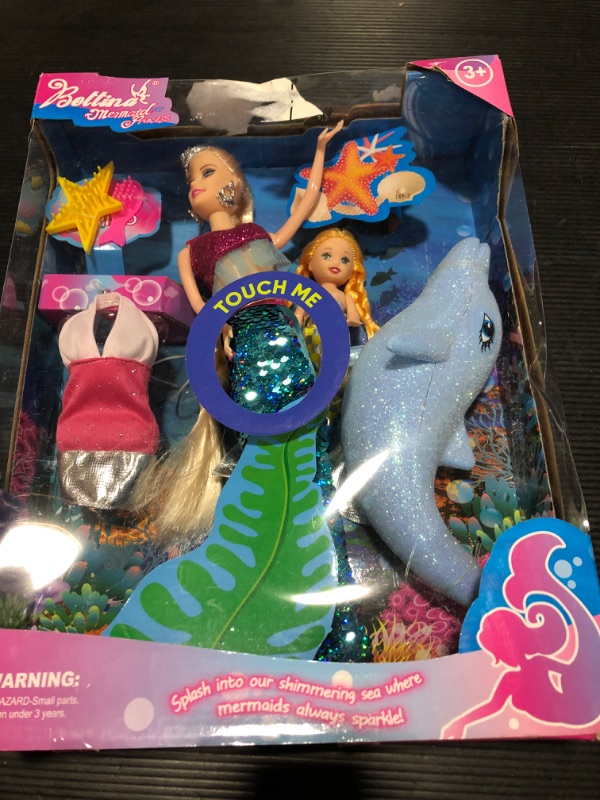 Photo 2 of 2022 Mermaid Princess Doll Playset, Color Changing Mermaid Tail by Reversing Squins, 12" Fashion Dress Doll with 3" Little Mermaid Dolphin and Accessories, Mermaid Gift for Girls Mermaid Set