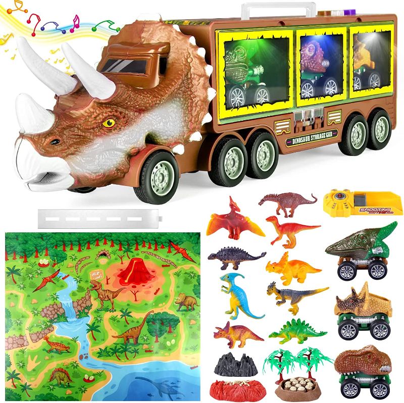 Photo 1 of 21 Pack Dinosaur Toys for Kids 3-7, Dinosaur Truck with Oversized Dinosaur Map, Flashing Lights, Music and Roaring Sound, Kids Toys with 6 Pull Back Dinosaur Cars, 6 Dinosaur Toys (Brown) https://a.co/d/iixeLlr