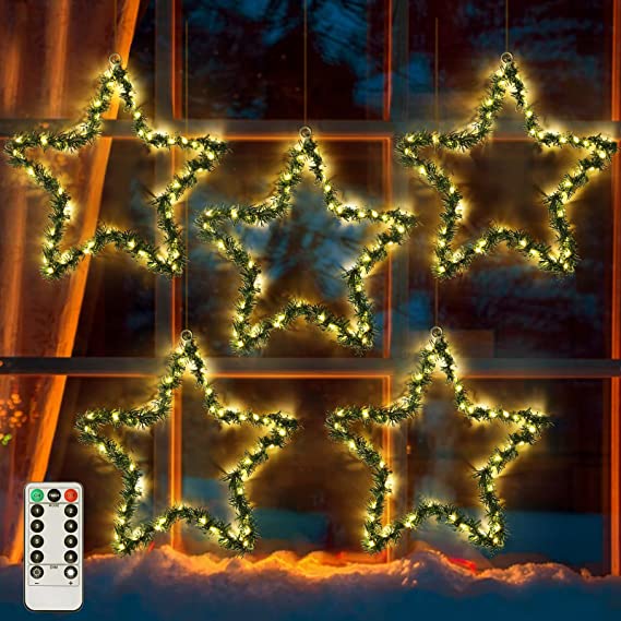 Photo 1 of 5PCS Hanging Star Lights with Remote and Timer, 8 Lighting Modes Hanging String Lights, Battery Operated Waterproof Star String Lights for Christmas Outdoor Indoor Pation Backyard Outside Decoration
