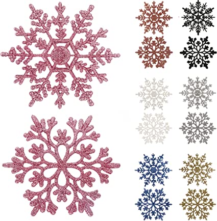 Photo 1 of 3.9"/38 Pieces Plastic Snowflake Ornaments Christmas Glitter Snowflakes Hanging Crafts for Christmas Tree Decorations (Pink01, 3.9in)
