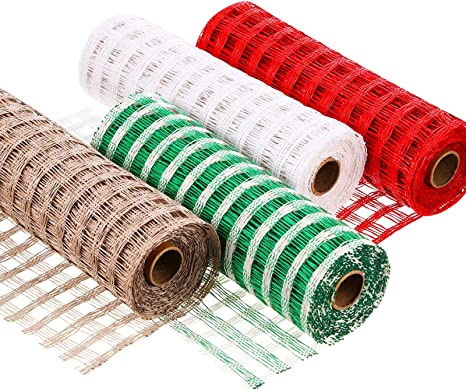 Photo 1 of Yungyan 4 Rolls Christmas Deco Mesh 10 Inches Poly Burlap Wreath Ribbon DIY Colorful Check Making Supplies Red Green White for Tree Wreaths Bow Craft 20 Yard in Total
