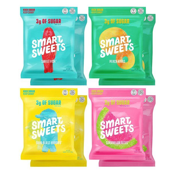 Photo 1 of (Pack of 8) SmartSweets Variety Pack, Candy with Low Sugar, Low Calorie Snacks, Plant-Based: Sweet Fish, Sourmelon Bites, Peach Rings, Sour Blast Buddies, 1.8oz