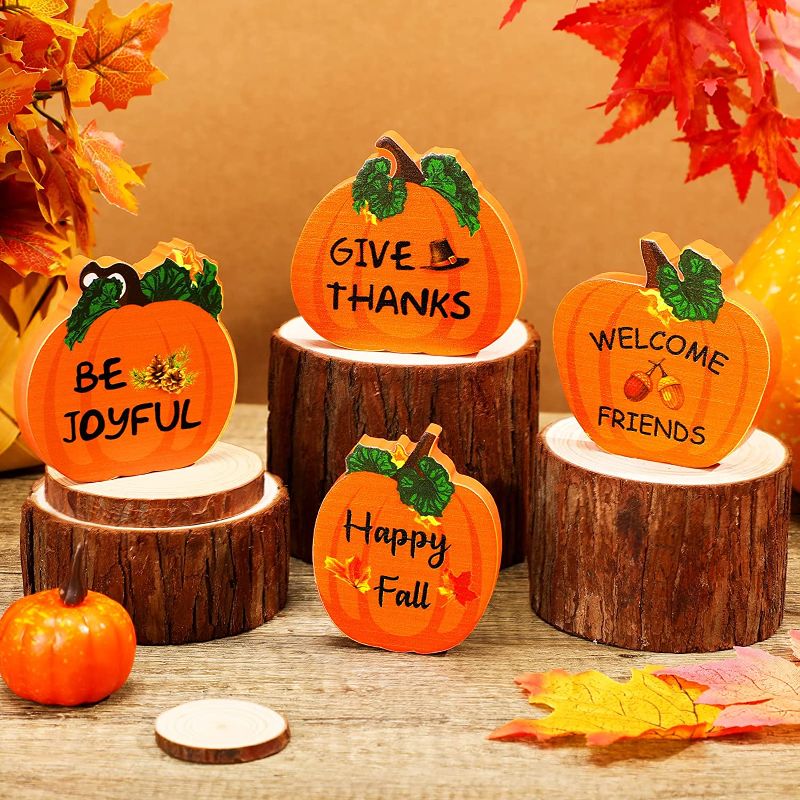 Photo 1 of 
Amyhill 4 Pieces Thanksgiving Pumpkins Wooden Decor Rustic Give Thanks Tabletop Decor Happy Fall Tiered Tray Decor Inspirational Autumn Harvest Table..