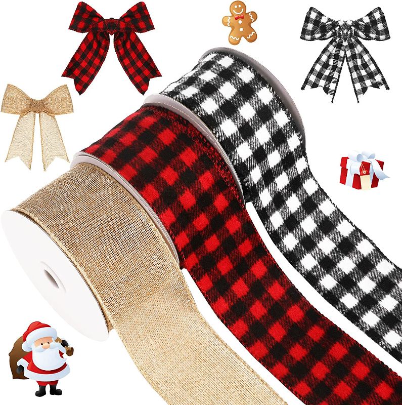 Photo 1 of 3 Rolls Christmas Red and Black Wired Flannel Buffalo Plaid Ribbon Buffalo Check Ribbon for Farmhouse Christmas Tree Wreath Floral Arrangement (2.5 Inch) https://a.co/d/9205LFV