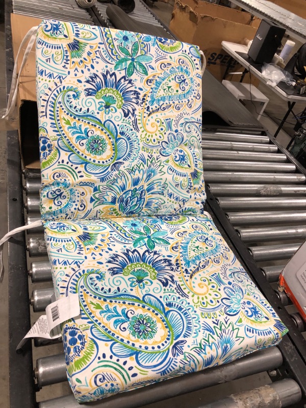 Photo 2 of 36.5” Paisleys Dance in Ultra Blue and Kiwi Green Outdoor Patio Chair Cushion with Ties
