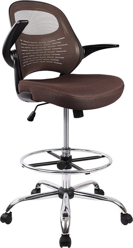 Photo 1 of Hylone Drafting Chair, Tall Office Chair for Standing Desk, Brown Mesh Drafting Desk Chair with Flip-Up Arms, Adjustable Height and Foot Ring
