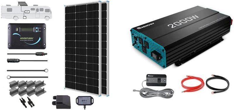 Photo 1 of Renogy 200 Watts 12 Volts Monocrystalline RV Solar Panel Kit with Adventurer 30A LCD PWM Charge Controller & Renogy 2000W Pure Sine Wave Inverter 12V DC to 120V AC Converter for Home, RV
