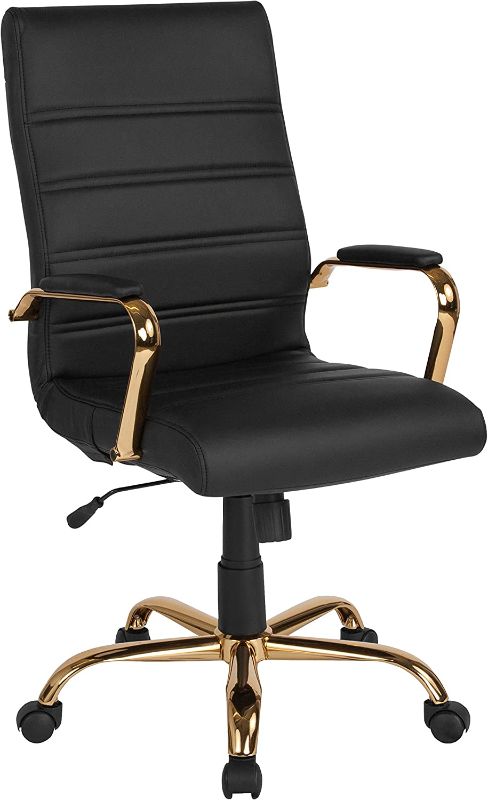 Photo 1 of Flash Furniture Whitney High Back Desk Chair - Black LeatherSoft Executive Swivel Office Chair with Gold Frame - Swivel Arm Chair
