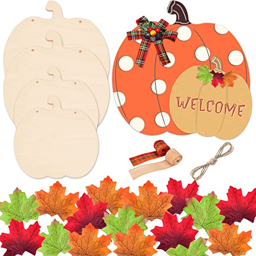 Photo 1 of 3 pack - 4 Pieces Wooden Pumpkin Cutouts Unfinished Pumpkin Blank Wood Cutouts with Jute Twine Ribbons and Maple Leaf for Halloween Fall Pumpkin Thanksgiving Fall Harvest Party Decoration
