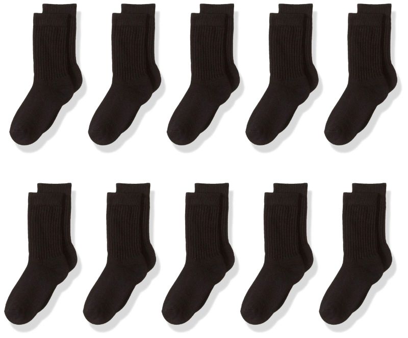 Photo 1 of Amazon Essentials Unisex Kids and Toddlers' Cotton Crew Sock, Pack of 10 Large Black