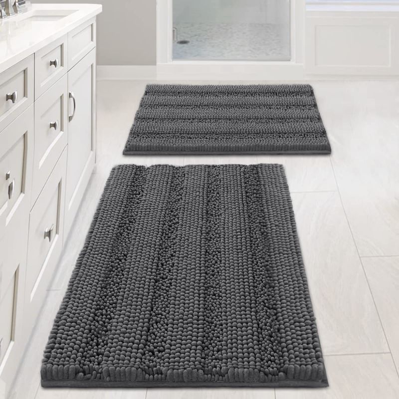 Photo 1 of 2 Piece Bathroom Set Bathroom Rugs Bath Mat Set Bath Rugs Bath Mats for Bathroom Non Slip Thick Soft Chenille Striped Bath Rug Set, Door Mats for Kitchen/Living Room (Grey, 20" x 32"/17" x 24")
