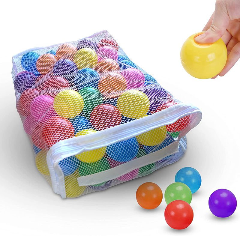 Photo 1 of 100 Soft Plastic Ball Pit Balls, Phthalate & BPA Free, Non-Toxic, No Sharp Edges, Crush Proof, Ball Pits for Toddlers, 6 Vibrant Colors in Reusable & Durable Storage Mesh Bag with Zipper
