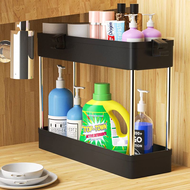 Photo 1 of BLYPHOO Premium Under Sink Organizer, 2-Tier Bathroom Under Sink Organizers and Storage?Multi-purpose Under Kitchen Sink Organizers and Storage, Upgraded Kitchen Cabinet Organizer with Hooks(Black)
