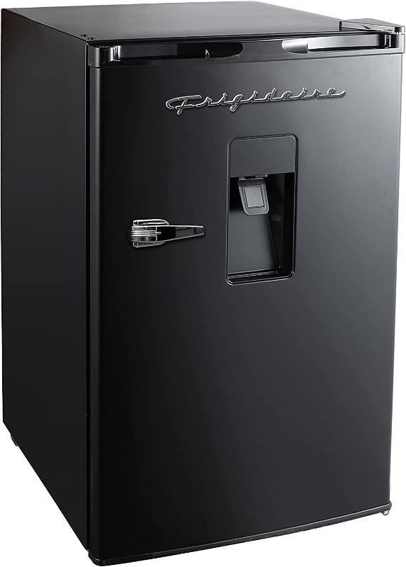 Photo 1 of Frigidaire EFR494-BLACK Retro Compact Mini Fridge with Freezer Compartment, Chrome Handles, 4.5 Cu Ft, Built-in Water Dispenser, Black
