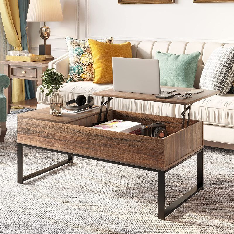 Photo 1 of YITAHOME Wood Lift Top Coffee Table with Storage, Side Drawer & Metal Frame, Lift Tabletop Dining Tea Tables for Living Room, Reception Room, Office, Brown
