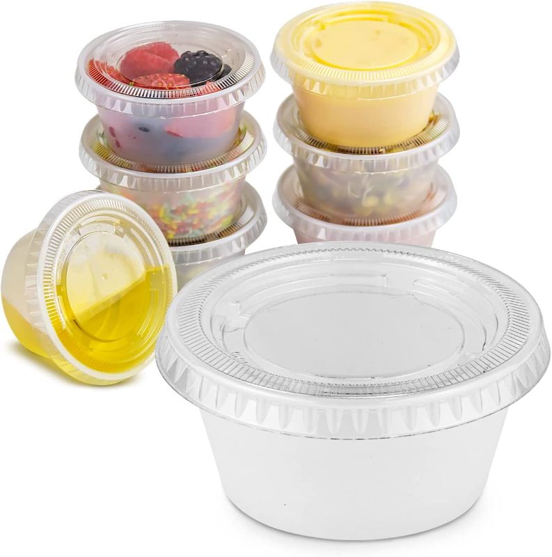 Photo 1 of [250 Pack] 3.25 oz Plastic Containers with Lids - Clear Jello Shot Cups, Mini Portion Cup for Sauce, Condiments, Souffle, Salad Dressing, Sushi, Slime, Disposable Reusable Packaging
