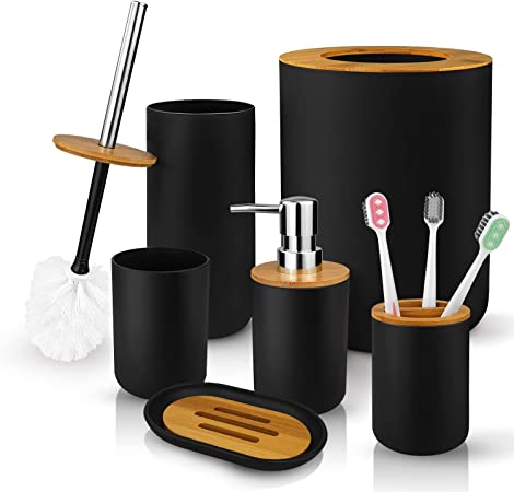 Photo 1 of 6 Pcs Bamboo and Plastic Bathroom Accessories Sets, Includes Toothbrush Cup, Toothbrush Holder, Soap Dispenser, Soap Dish, Toilet Brush with Holder, Trash Can, with 3 Pcs Toothbrushes (Black)
