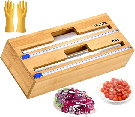 Photo 1 of 2 in 1 Wrap Dispenser with Cutter and Labels, Wood Aluminum Foil and Wax Bamboo Dispenser for Kitchen Drawer, Foil and Plasticr Roll Organizer Holder Compatible with 12" Roll