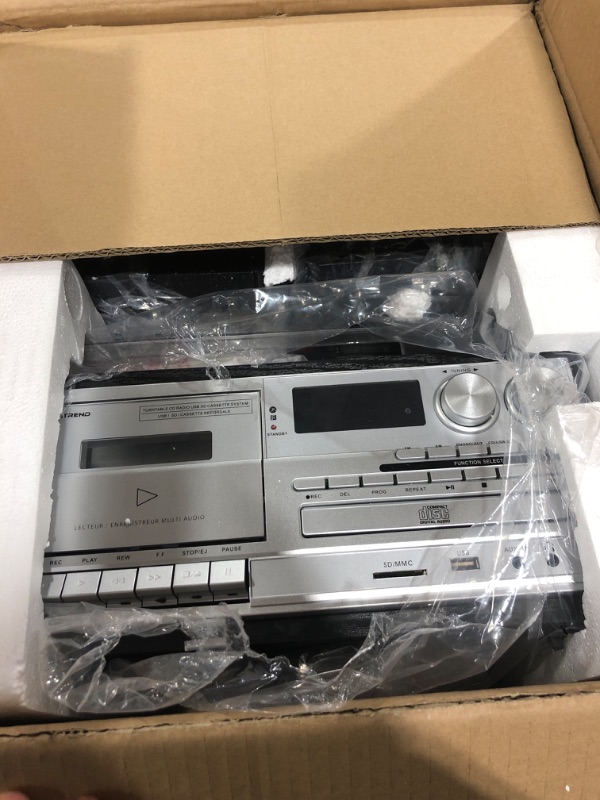 Photo 1 of MUSITREND 10 in 1 Record Player with Dual Stereo Speakers Vintage 3 Speed Turntable with Bluetooth AM FM Radio CD Cassette USB SD Play 3.5mm Headphone Aux-in RCA Line-Out (Black) Black-408Speaker