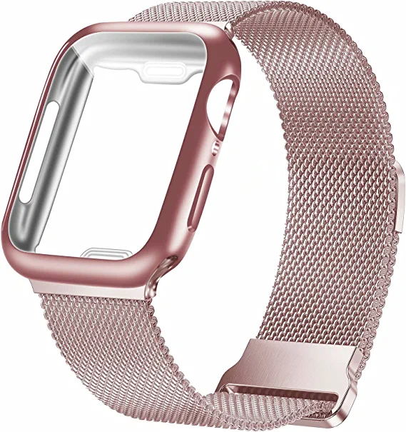 Photo 1 of Geoumy Metal Magnetic Bands Compatible for Apple Watch Band 38mm with Case, Stainless Steel Milanese Mesh Loop Replacement Strap Compatible with iWatch Series 8/7/6/5/4/3/2/1 SE Women Men,Rose Pink
