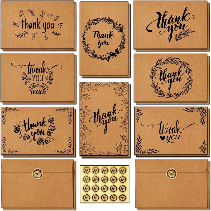 Photo 1 of 100 Thank You Cards Bulk: Ohuhu Brown Kraft Blank Thank You Notes Box Set with Self-Seal Envelopes and Stickers - Elegant 8 Design Greeting Card for Wedding Shower Business Graduation Birthday - 4 x 6
