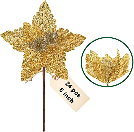 Photo 1 of 24 pcs Poinsettia Christmas Flower Artificial - 6 inch Gold Fake Flowers for Christmas Tree Decoration, Fake Flowers for Gold Christmas Ornament Decoration
