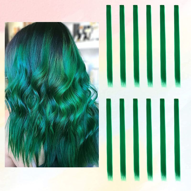 Photo 1 of 12 Pcs Colored Hair Extensions, BARSDAR Clip in 21 inch Green Straight Hair Extensions Multicolor Party Highlights for Kids Women's Gifts 