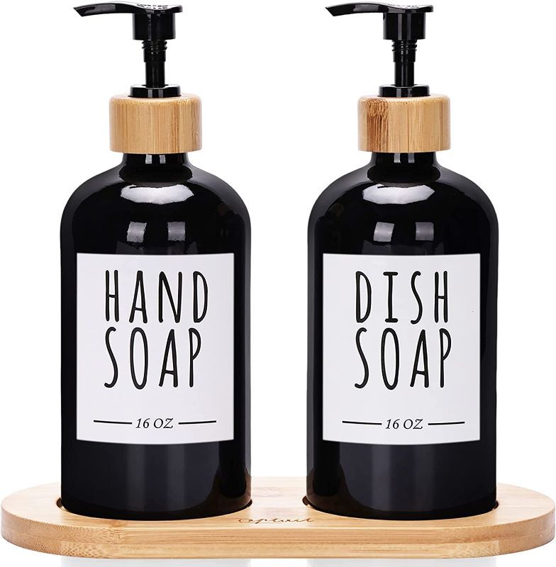 Photo 1 of 2 Pack Kitchen Soap Dispenser Set with Bamboo Tray, Glass Soap Dispenser Pump, Hand and Dish Soap Dispenser Set for Bathroom, Refillable Lotion Dispenser Sanitizer Shampoo Conditioner Labels (Black)