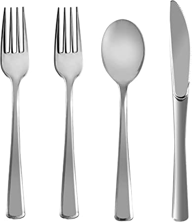 Photo 1 of 160 Silver Plastic Silverware Set - Silver Plastic Cutlery Set, Silver Disposable Flatware, 80 Silver Plastic Forks, 40 Silver Plastic Spoons, 40 Silver Cutlery Knives - Heavy Duty, Party Bulk
