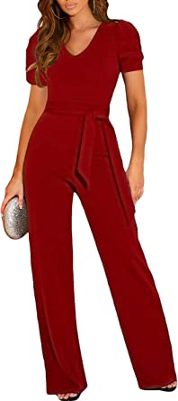 Photo 2 of BLENCOT Womens Jumpsuit Short Sleeve Casual v Neck Belted Wide Leg Formal Rompers Jumpsuits XXL
