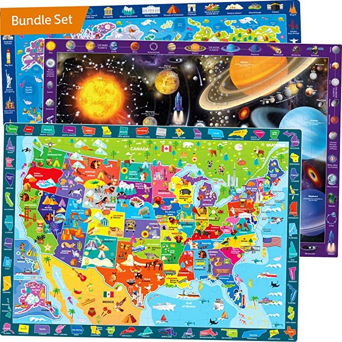 Photo 1 of 100 Piece Puzzles for Kids Ages 4-8-10 – 3 Pack Floor Toddler Jigsaw Games 6-8 Year Old by QUOKKA – Educational World USA Map and Space 3-5 yo – Learning United States Gift for Boys and Girls
