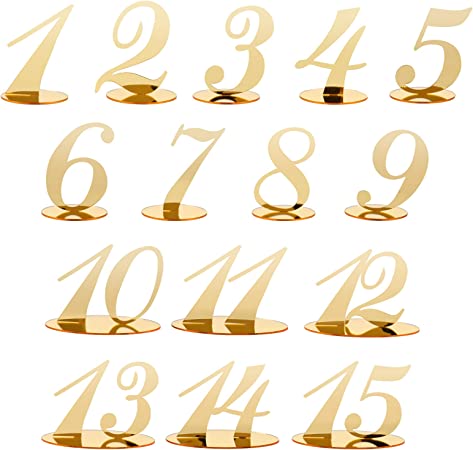 Photo 1 of 1-15 Acrylic Table Number Decoration Gold Mirror Table Number Signs With Stand Base Table Numbers Cards for Wedding&Party Double Side Mirrored
