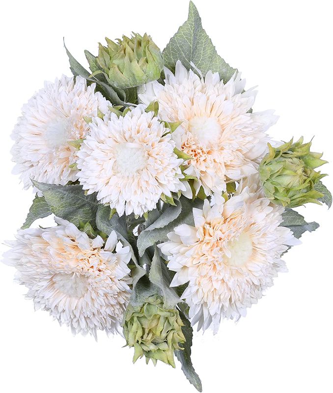 Photo 1 of FAKEGREEN Artificial Flowers Silk Sunflowers Bouquet Fake Flower Bushes Floral Arrangements with 5 Stems, 5 Flowers and 3 Buds for Home Baby Shower Centerpieces Party Wedding Decorations (White)
