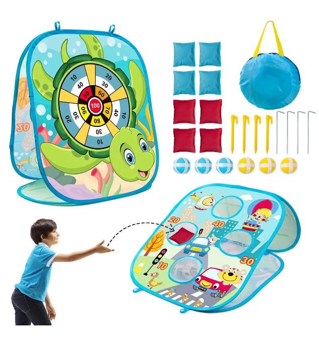 Photo 1 of 3 in 1 Bean Bag Toss Game Set for Kids, Collapsible Cornhole and Dart Board with 8 Bean Bags, Crab & Turtle Themed (Blue)