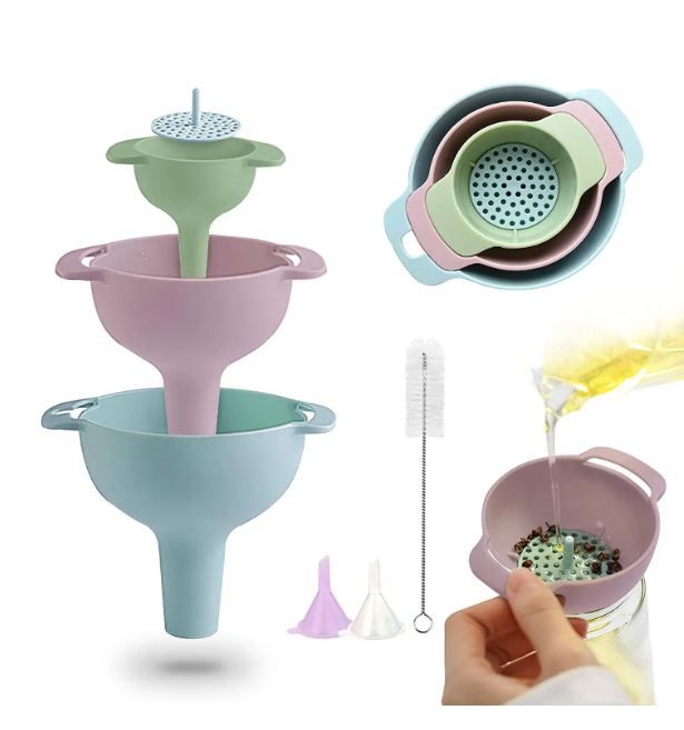 Photo 1 of PRETTYFINE Funnel Set Nested Funnels with Handle 3 Pack Food Grade Plastic Funnels with Detachable Strainer Filter for Transferring of Liquid,Fluid,Powders (Green, Pink, Light Blue)---Packaging Damaged