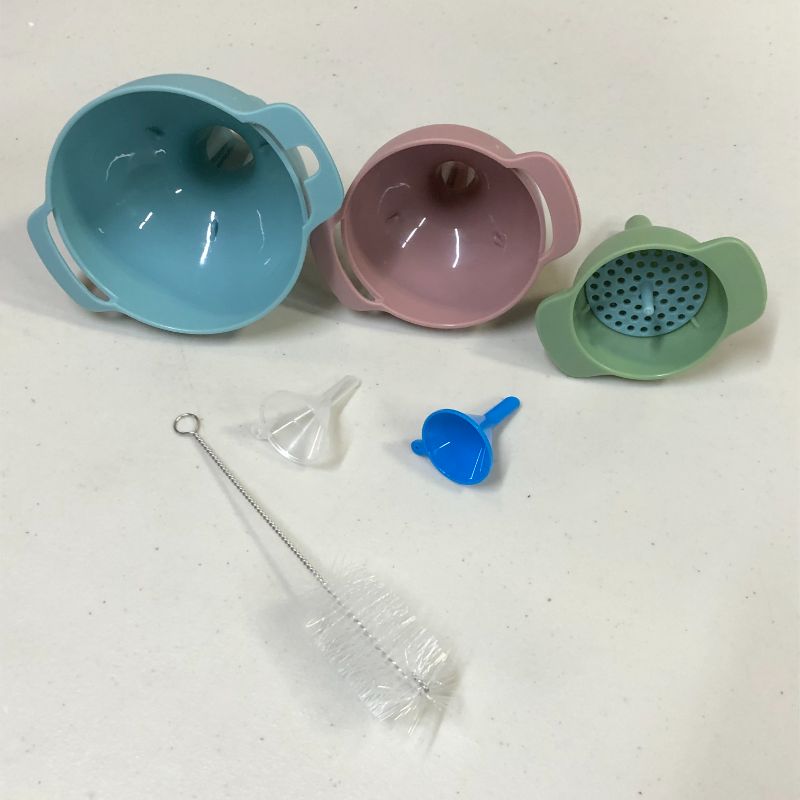 Photo 2 of PRETTYFINE Funnel Set Nested Funnels with Handle 3 Pack Food Grade Plastic Funnels with Detachable Strainer Filter for Transferring of Liquid,Fluid,Powders (Green, Pink, Light Blue)---Packaging Damaged