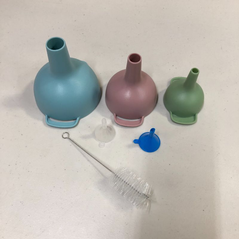 Photo 1 of PRETTYFINE Funnel Set Nested Funnels with Handle 3 Pack Food Grade Plastic Funnels with Detachable Strainer Filter for Transferring of Liquid,Fluid,Powders (Green, Pink, Light Blue)---Packaging Damaged